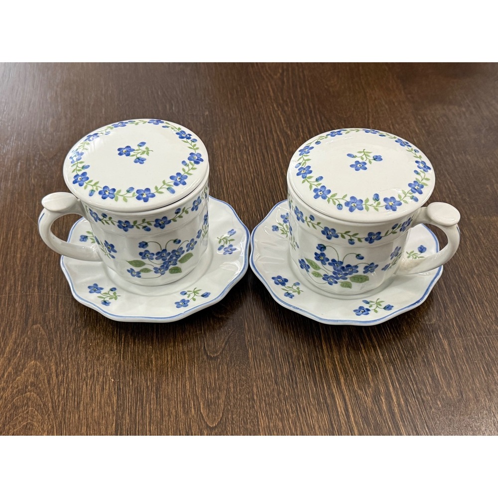 Vintage Blue Forget Me Not Floral Ceramic Tea Cup Saucer and Lid Set of 2
